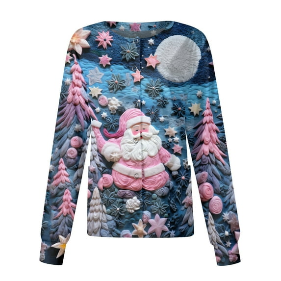 HaHaHappy Womens Christmas Scrub Jackets Plus Size Long Sleeve Ugly Christmas Santa Print Scrubs Cute Snap Front Dressy Scrub Tops Nursing Uniform Medical Workwear with Pocket Blue 4XL