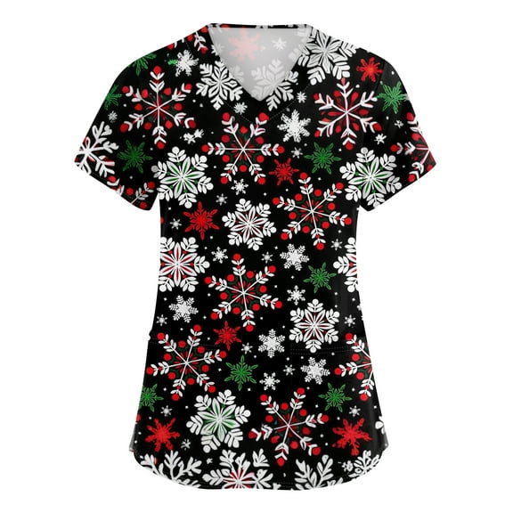 HaHaHappy Womens Christmas Scrubs Plus Size Short Sleeve Cute Snowflake Print Scrub Shirts Ugly V Neck Funny Scrub Tops Nursing Workwear Nurse Medical Uniform with Pocket Black L