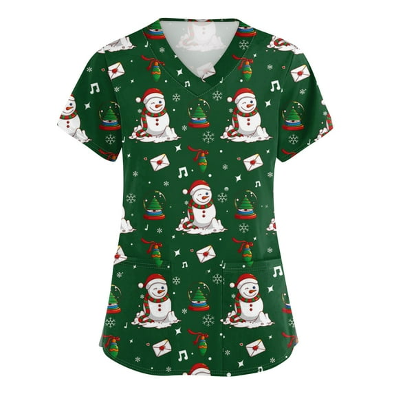 HaHaHappy Womens Christmas Scrubs Plus Size Short Sleeve Cute Snowman Print Scrub Shirts Casual V Neck Dressy Scrub Tops Nursing Uniform Medical Nurse Workwear with Pocket Army Green S