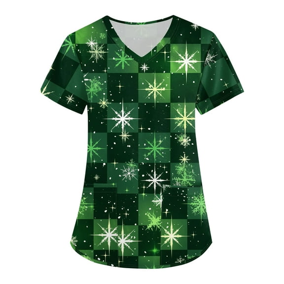 HaHaHappy Womens Christmas Scrubs Plus Size Short Sleeve Ugly Christmas Plaid Print Scrub Tops Funny V Neck Casual Scrub Shirts Nursing Workwear Medical Nurse Uniform with Pocket Green 2XL