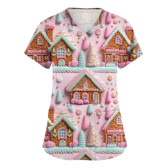 HaHaHappy Womens Christmas Scrubs Plus Size Short Sleeve Ugly Christmas Print Scrub Shirts Dressy V Neck Cute Scrub Tops Medical Workwear Nursing Nurse Uniform with Pocket Pink M