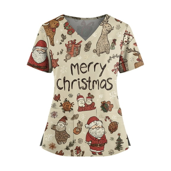 HaHaHappy Womens Christmas Scrubs Plus Size Short Sleeve Ugly Christmas Print Scrub Shirts Dressy V Neck Funny Scrub Tops Nurse Workwear Medical Nursing Uniform with Pocket Khaki S