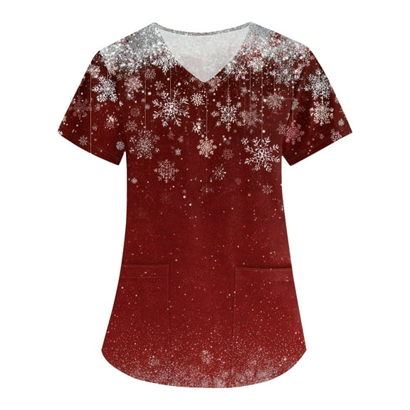 HaHaHappy Womens Christmas Scrubs Plus Size Short Sleeve Ugly Snowflake Print Scrub Tops Funny V Neck Cute Scrub Shirts Medical Workwear Nurse Nursing Uniform with Pocket Red 3XL