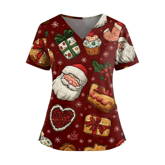HaHaHappy Womens Christmas Scrubs Plus Size V Neck Cute Christmas Print Scrub Shirts Ugly Short Sleeve Funny Scrub Tops Nurse Uniform Nursing Medical Workwear with Pocket Wine L