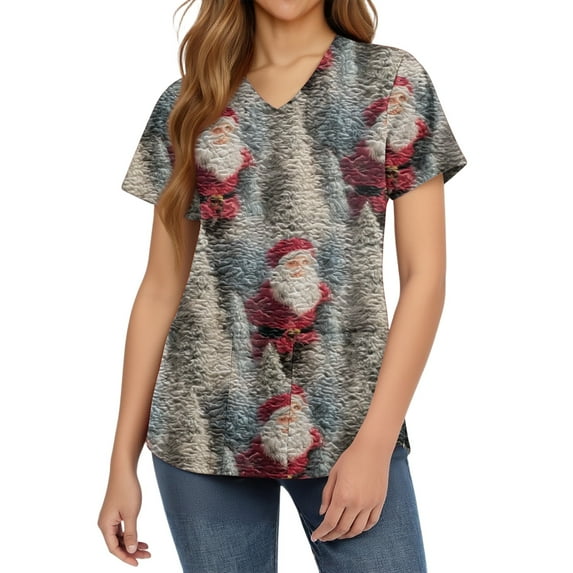 HaHaHappy Womens Christmas Scrubs Plus Size V Neck Dressy Christmas Santa Print Scrub Shirts Funny Short Sleeve Cute Scrub Tops Nurse Workwear Nursing Medical Uniform with Pocket Dark Gray XL