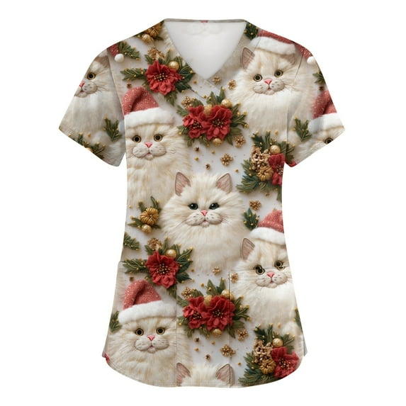HaHaHappy Womens Christmas Scrubs Plus Size V Neck Ugly Christmas Print Scrub Tops Funny Short Sleeve Dressy Scrub Shirts Nurse Uniform Medical Nursing Workwear with Pocket White M