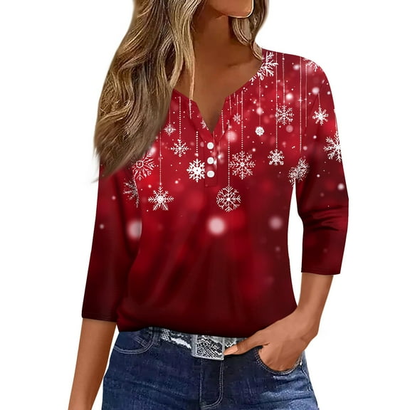 HaHaHappy Womens Christmas Shirts Plus Size Casual 3/4 Sleeve T-Shirts Christmas Snowflake Print Dressy Tunic Tops V Neck Party Three Quarter Length Blouses Cute Pullover Deep Red 2XL