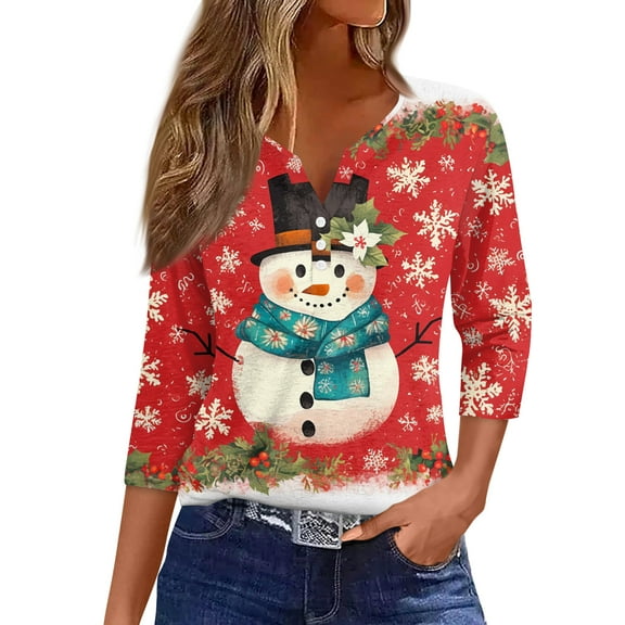 HaHaHappy Womens Christmas Shirts Plus Size Cute 3/4 Sleeve T-Shirts Christmas Snowman Print Vintage Tunic Tops V Neck Ugly Three Quarter Length Blouses Party Pullover Wine S