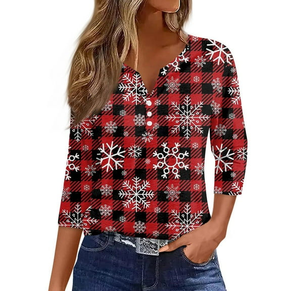 HaHaHappy Womens Christmas Shirts Plus Size Cute 3/4 Sleeve Tunic Tops Christmas Plaid Print Casual T-Shirts V Neck Vintage Three Quarter Length Pullover Funny Blouses Deep Red 2XL