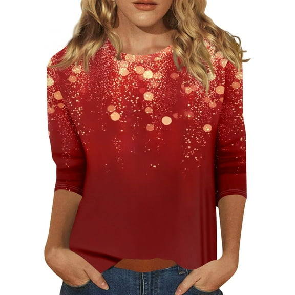 HaHaHappy Womens Christmas Shirts Plus Size Ugly 3/4 Sleeve T-Shirts Xmas Snowflake Print Cute Tunic Tops Crew Neck Funny Three Quarter Length Blouses Party Pullover Gold XL