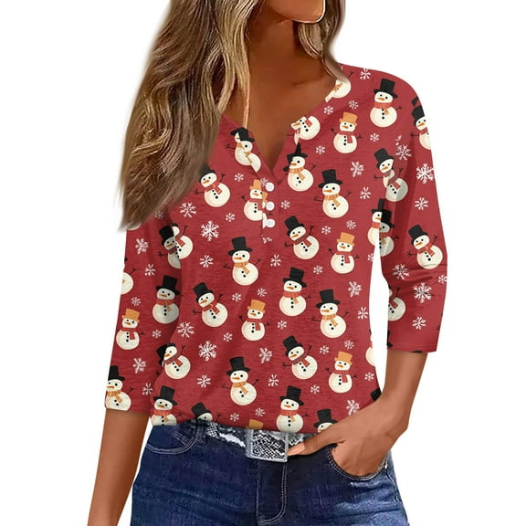 HaHaHappy Womens Christmas Shirts Plus Size Ugly 3/4 Sleeve Tunic Tops Christmas Snowman Print Casual T-Shirts V Neck Party Three Quarter Length Blouses Cute Pullover Red 2XL