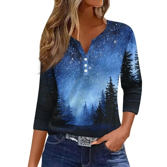 HaHaHappy Womens Christmas Shirts Plus Size Ugly 3/4 Sleeve Tunic Tops Christmas Tree Print Casual T-Shirts V Neck Dressy Three Quarter Length Blouses Party Pullover Blue M