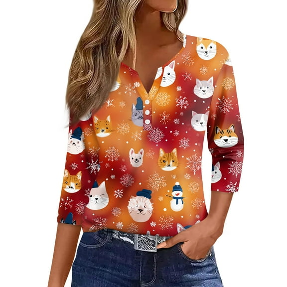 HaHaHappy Womens Christmas Shirts Plus Size Ugly 3/4 Sleeve Tunic Tops Xmas Print Cute T-Shirts V Neck Dressy Three Quarter Length Blouses Casual Pullover Yellow S