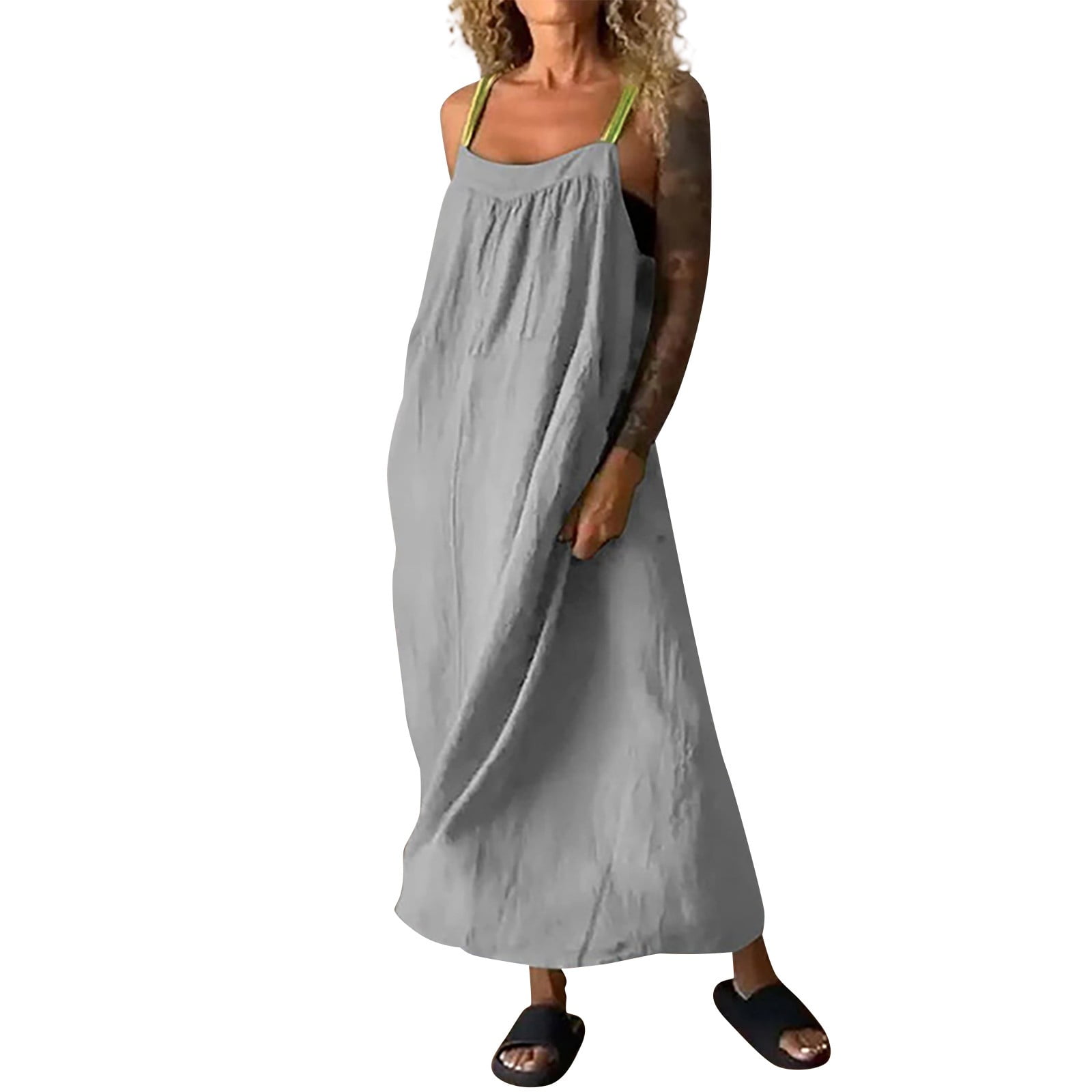 HaHaHappy Womens Cotton Linen Overall Dress Casual Sleeveless Maxi Dress  Summer Loose Beach Long Dresses Green S - Walmart.com