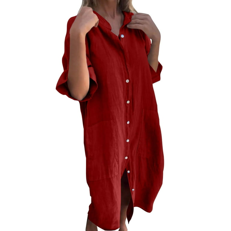 HaHaHappy Womens Cotton Linen Shirt Dress Half Sleeve Button Down V Neck Loose Fit Casual Shirt Maxi Dresses with Pockets Red 3XL