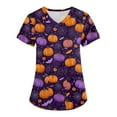 thumbnail image 1 of HaHaHappy Womens Halloween Scrubs Plus Size Short Sleeve Horror Bat and Pumpkin Printed Spooky Scrub Tops Funny V Neck Scrub Shirts Nurse Medical Workwear with Pockets Purple 2XL, 1 of 4