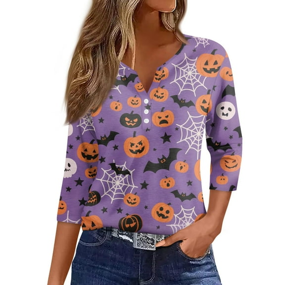 HaHaHappy Womens Halloween Shirts 3/4 Sleeve Tunic Tops Funny Bat and Pumpkin Printed Spooky Tees Horror V Neck Button Down Henley T-Shirts Three Quarter Length Pullover Purple M