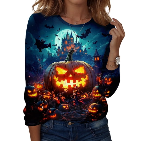 HaHaHappy Womens Halloween Shirts Long Sleeve T-Shirts Horror Pumpkin Face Printed Tees Spooky Crew Neck Tunic Tops Funny Blouses Royal Blue 2XL
