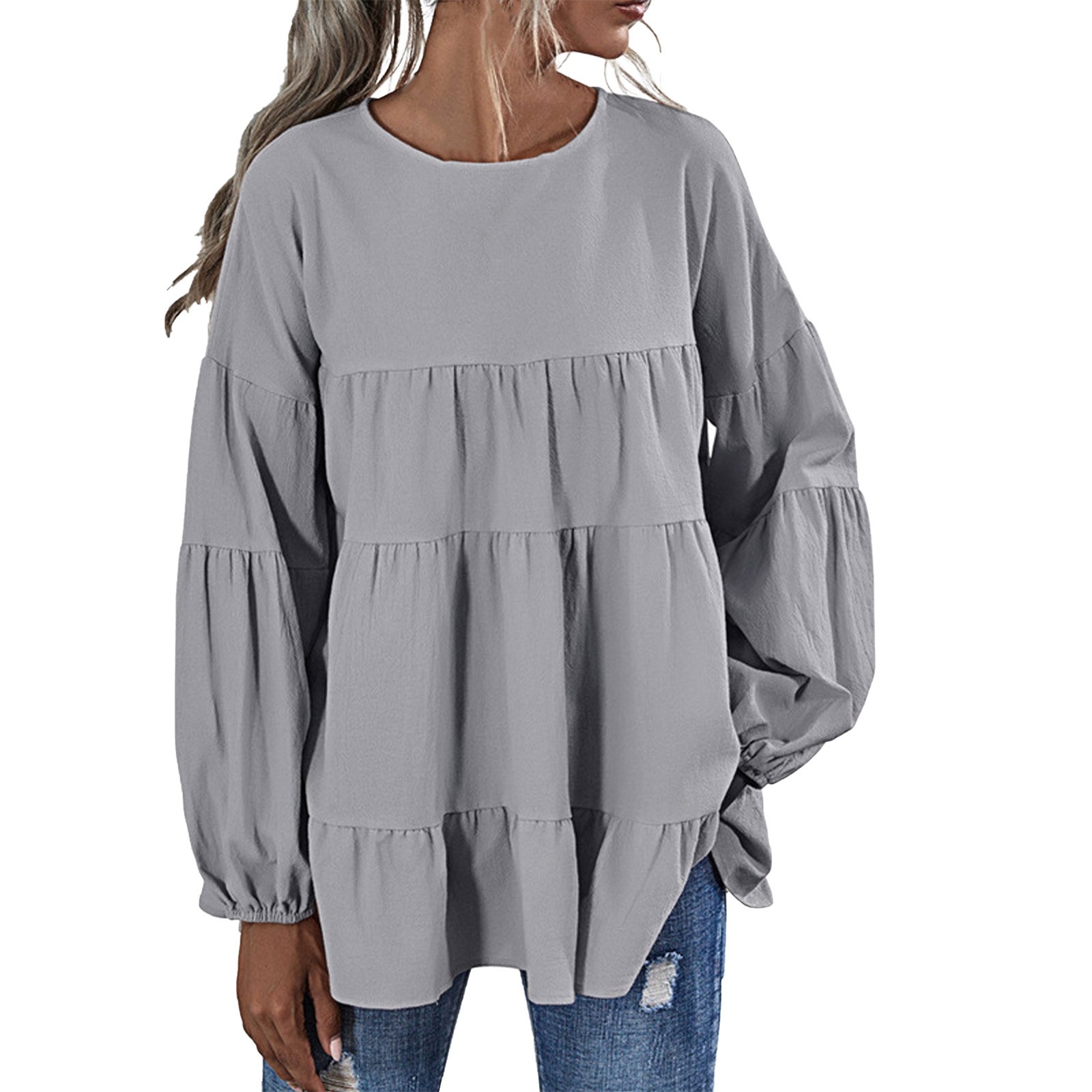 HaHaHappy Womens Long Sleeve Tunic Babydoll Knit Tops Peplum Ruffle Hem