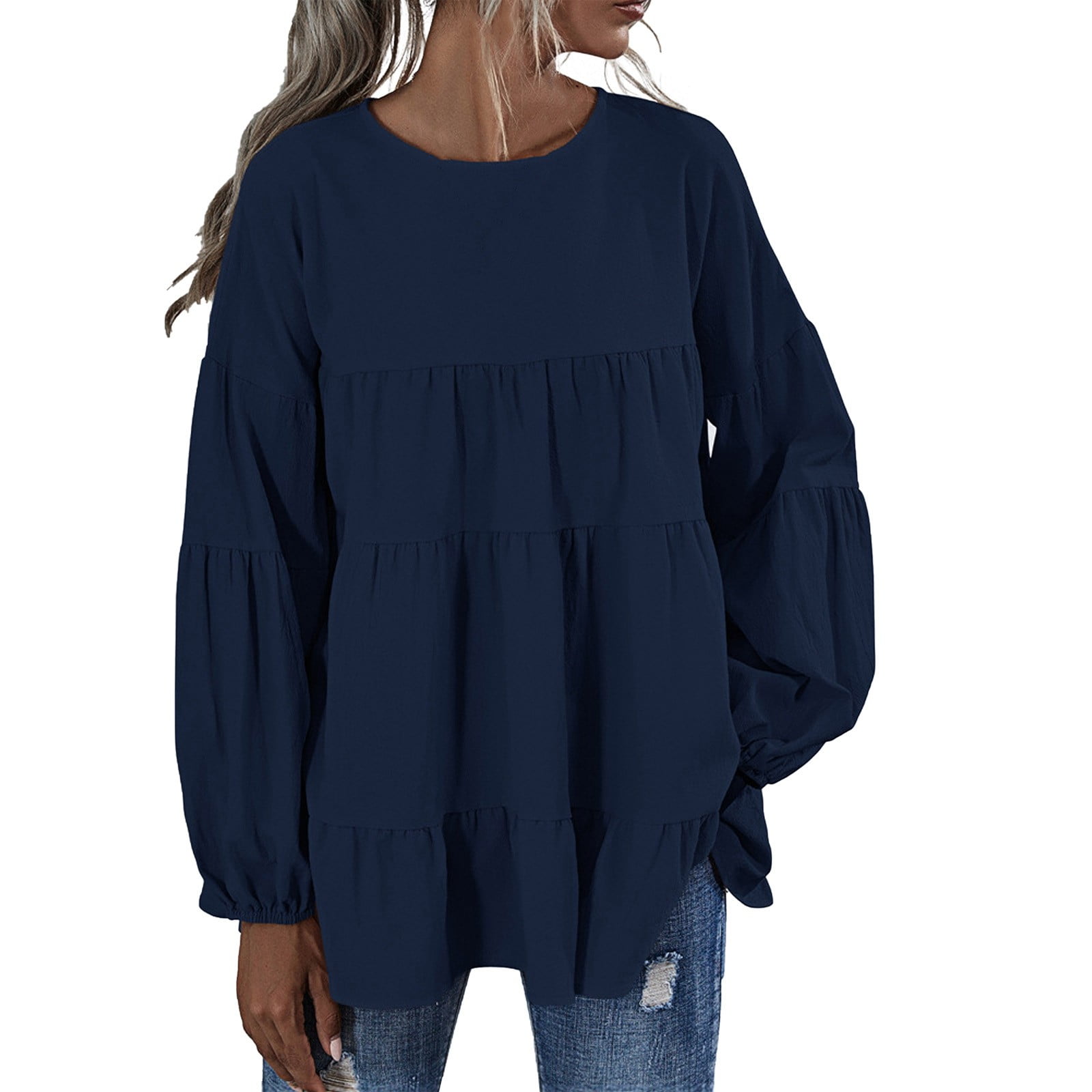 HaHaHappy Womens Long Sleeve Tunic Babydoll Knit Tops Peplum Ruffle Hem