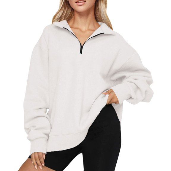HaHaHappy Womens Oversized Sweatshirts Fall Fashion Quarter Zip Pullover Long Sleeve Shirts Clothes Outfits White S