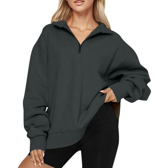 HaHaHappy Womens Oversized Sweatshirts Quarter Zip Pullover 2025 Fall Trendy Fashion Outfits Drop Shoulder Tunic Pullover Tops Dark Gray L