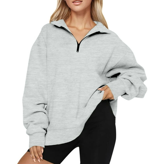 HaHaHappy Womens Oversized Sweatshirts Quarter Zip Pullover 2025 Fall Trendy Fashion Outfits Drop Shoulder Tunic Pullover Tops Gray 2XL