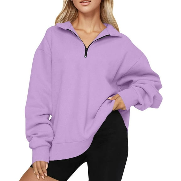HaHaHappy Womens Oversized Sweatshirts Quarter Zip Pullover 2025 Fall Trendy Fashion Outfits Drop Shoulder Tunic Pullover Tops Light Purple M