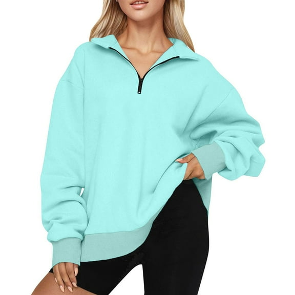 HaHaHappy Womens Oversized Sweatshirts Quarter Zip Pullover 2025 Fall Trendy Fashion Outfits Drop Shoulder Tunic Pullover Tops Sky Blue 2XL