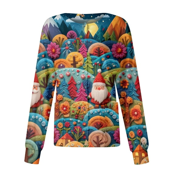 HaHaHappy Womens Scrub Jacket Christmas Plus Size Snap Front Ugly Christmas Print Scrubs Casual Long Sleeve Cute Scrub Tops Medical Workwear Nursing Uniform with Pocket Vermilion 2XL