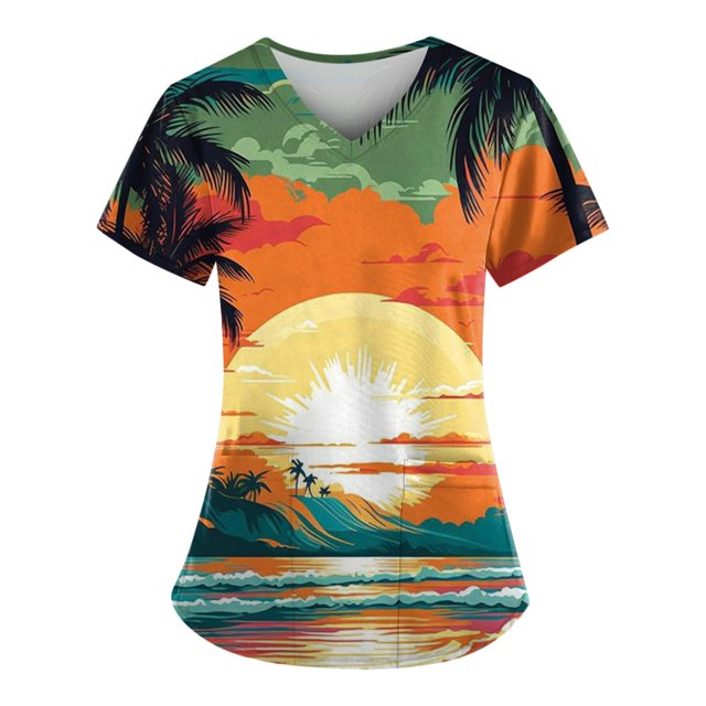 HaHaHappy Womens Scrub Tops Short Sleeve V Neck Hawaiian Tropical