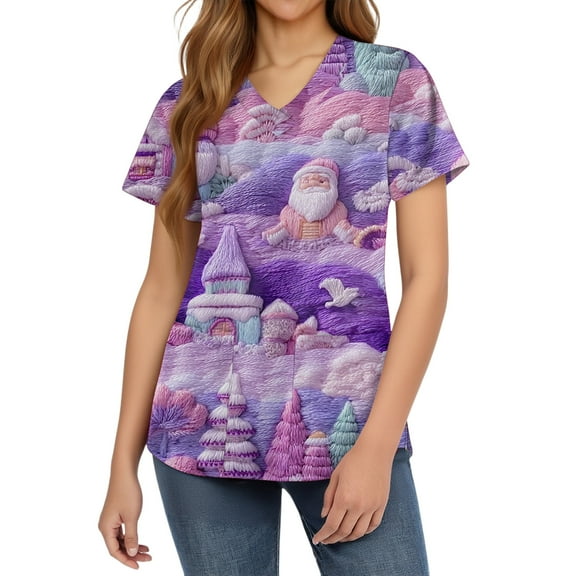 HaHaHappy Womens Scrubs Christmas Plus Size Short Sleeve Casual Christmas Santa Print Scrub Shirts Funny V Neck Ugly Scrub Tops Nurse Workwear Medical Nursing Uniform with Pocket Purple L