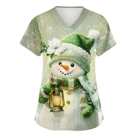 HaHaHappy Womens Scrubs Christmas Plus Size Short Sleeve Cute Snowman Print Scrub Tops Casual V Neck Funny Scrub Shirts Nursing Uniform Medical Nurse Workwear with Pocket Green 2XL