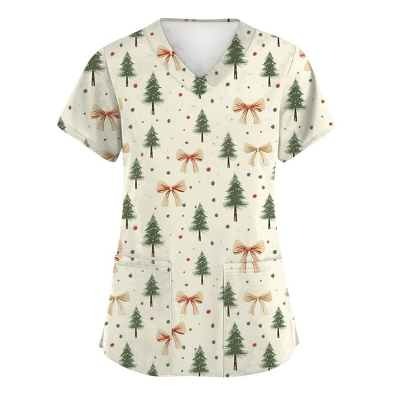 HaHaHappy Womens Scrubs Christmas Plus Size Short Sleeve Dressy Christmas Print Scrub Tops Ugly V Neck Funny Scrub Shirts Nurse Workwear Medical Nursing Uniform with Pocket Beige S