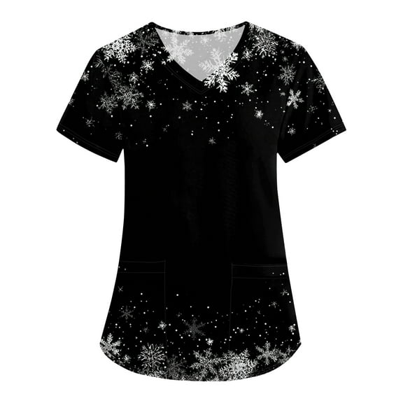 HaHaHappy Womens Scrubs Christmas Plus Size Short Sleeve Dressy Snowflake Print Scrub Tops Cute V Neck Ugly Scrub Shirts Nursing Uniform Nurse Medical Workwear with Pocket Navy 2XL