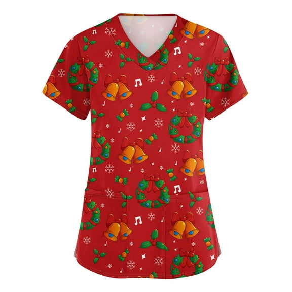 HaHaHappy Womens Scrubs Christmas Plus Size Short Sleeve Funny Christmas Print Scrub Tops Casual V Neck Cute Scrub Shirts Nursing Workwear Nurse Medical Uniform with Pocket Red 2XL