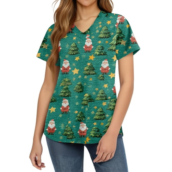 HaHaHappy Womens Scrubs Christmas Plus Size Short Sleeve Funny Christmas Santa Print Scrub Tops Cute V Neck Ugly Scrub Shirts Nursing Workwear Medical Nurse Uniform with Pocket Turquoise S