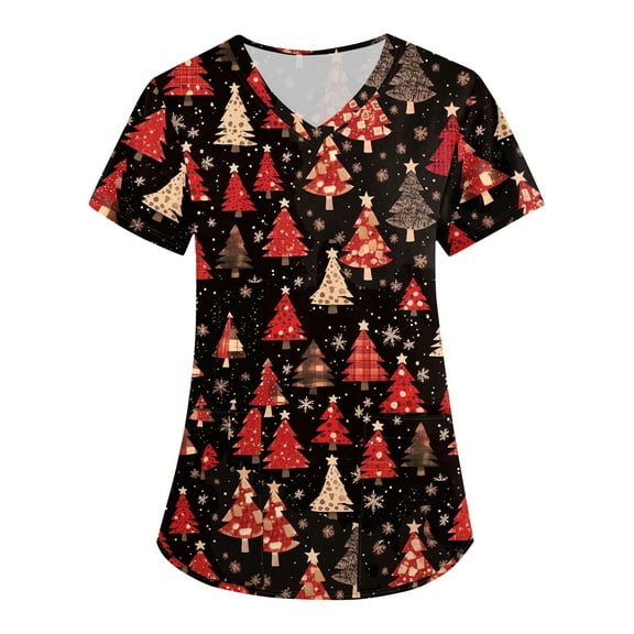 HaHaHappy Womens Scrubs Christmas Plus Size Short Sleeve Funny Christmas Tree Print Scrub Tops Cute V Neck Casual Scrub Shirts Nursing Uniform Nurse Medical Workwear with Pocket Vermilion 4XL