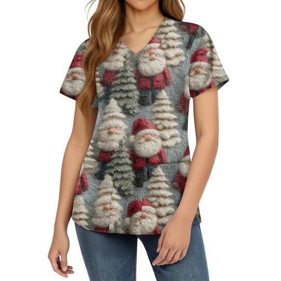 HaHaHappy Womens Scrubs Christmas Plus Size Short Sleeve Ugly Christmas Santa Print Scrub Shirts Cute V Neck Funny Scrub Tops Nursing Uniform Medical Nurse Workwear with Pocket Gray 3XL