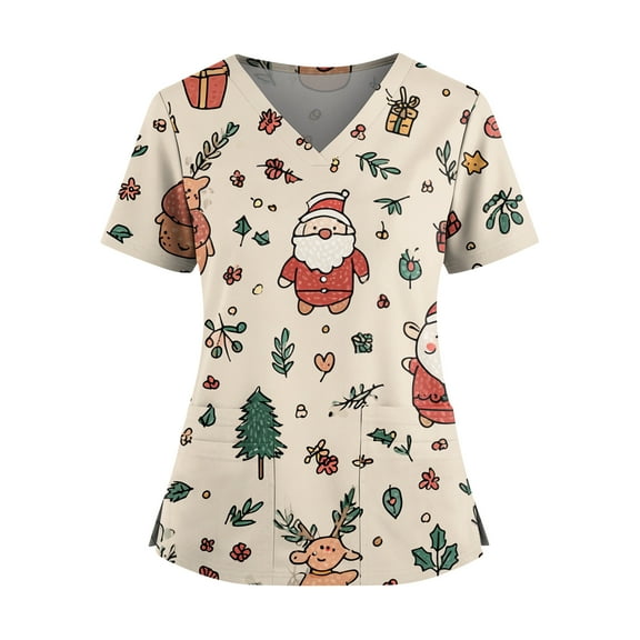 HaHaHappy Womens Scrubs Christmas Plus Size V Neck Dressy Christmas Print Scrub Shirts Cute Short Sleeve Funny Scrub Tops Medical Workwear Nurse Nursing Uniform with Pocket Beige S