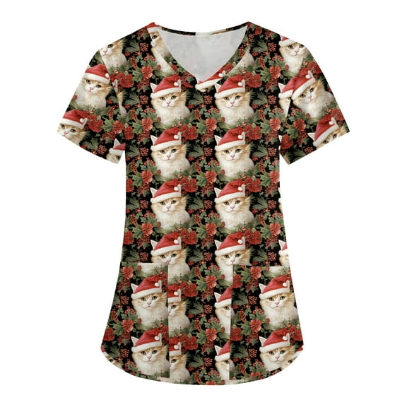 HaHaHappy Womens Scrubs Christmas Plus Size V Neck Funny Christmas Print Scrub Tops Casual Short Sleeve Dressy Scrub Shirts Nursing Uniform Medical Nurse Workwear with Pocket Beige XL