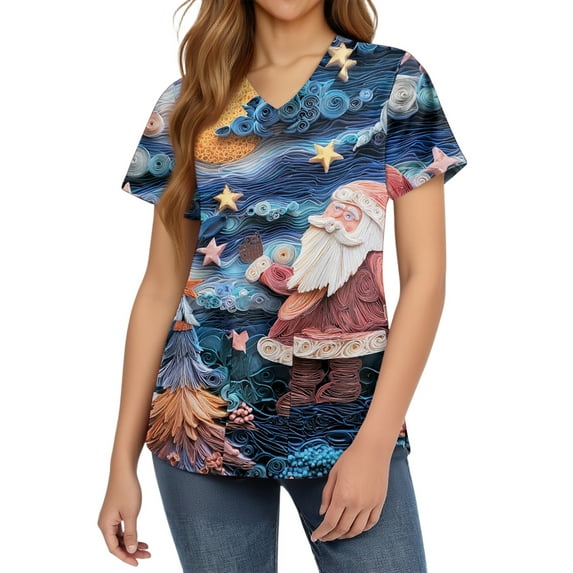 HaHaHappy Womens Scrubs Christmas Plus Size V Neck Ugly Christmas Santa Print Scrub Tops Dressy Short Sleeve Casual Scrub Shirts Medical Uniform Nursing Nurse Workwear with Pocket Blue 3XL