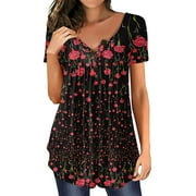 HaHaHappy Womens Tunic Tops Henley V Neck Short Sleeve Womens Tops Floral Button Down Ladies Blouses Summer Trendy Womens Tshirt Black 2XL