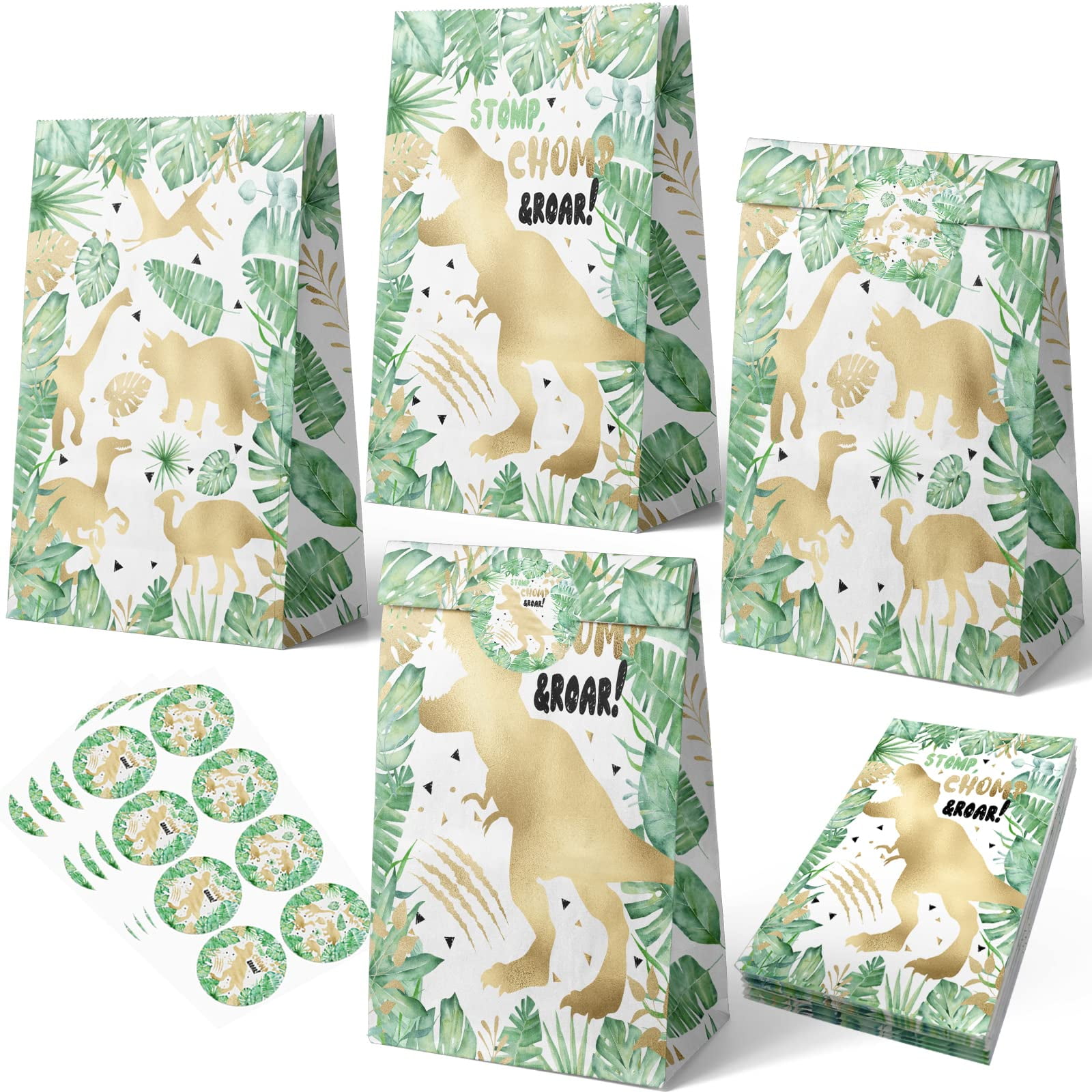 HaPiBiDesign 24 PCS Gold OIF8 Dinosaur Party Favor Bags with Stickers