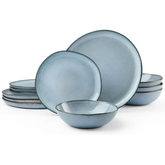 HaWare Dish Set for 4, 12-Piece Stoneware Dinnerware Sets, Round Plates and Bowls Set, Ceramic Dishware for Home Restaurant, Crack and Scratch Resistant, Microwave and Oven Safe, Reactive Foggy Blue