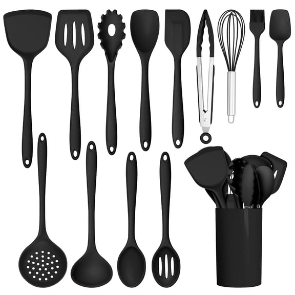 HaWare Kitchen Utensils, 14 PCS Silicone Cooking Utensils Set, Heat Resistant Kitchen Utensils for Non-stick Cookware, Kitchen Gadgets Tools with Spoons, Spatulas, Whisk, Dishwasher Safe (Black)