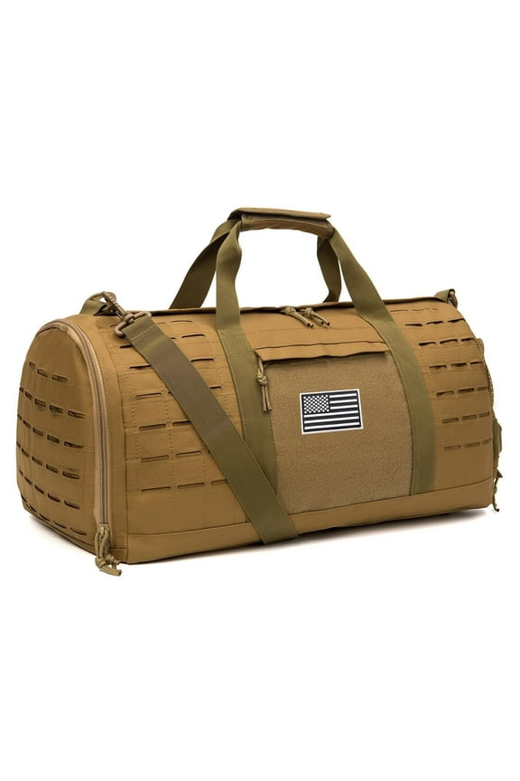 40L Military Tactical Duffle Bag For Men Sport Gym Bag Fitness Tote Travel Duffle Bag Training Workout Bag With Shoe Compartment Basketball Football Weekender Bag Tan