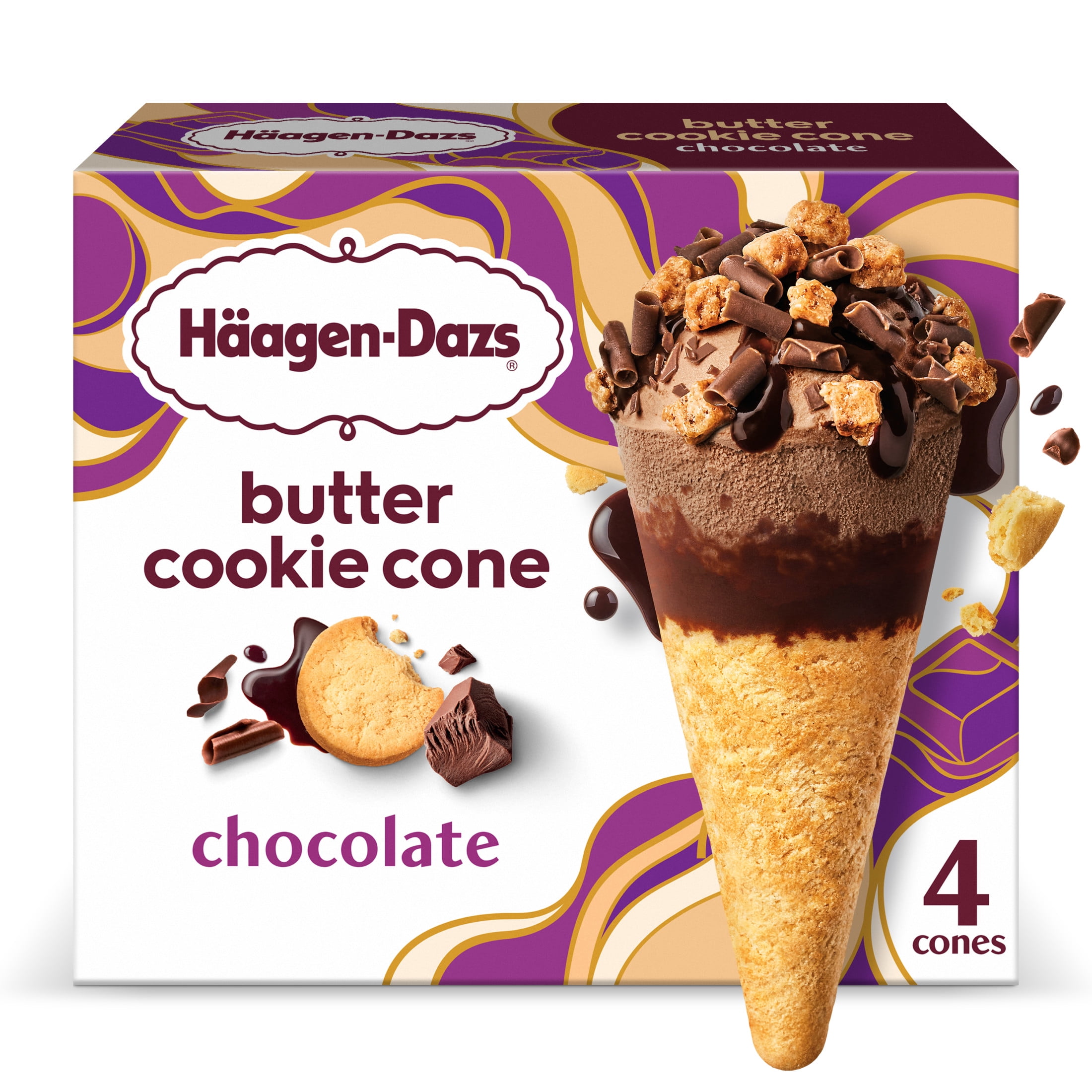 Haagen Dazs Chocolate Butter Cookie Ice Cream Cone Dessert, 4 Count Package