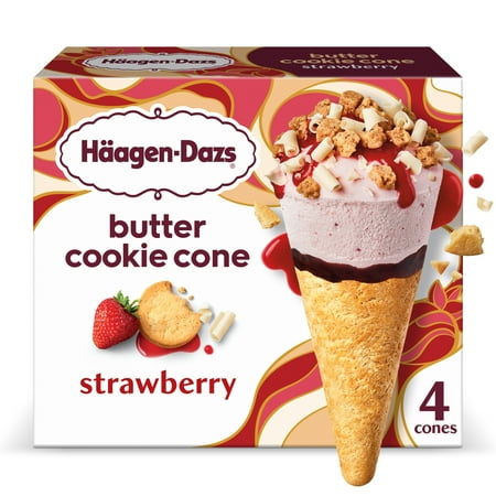 Haagen Dazs Strawberry Butter Cookie Ice Cream Cone Dessert, 4 Count Package