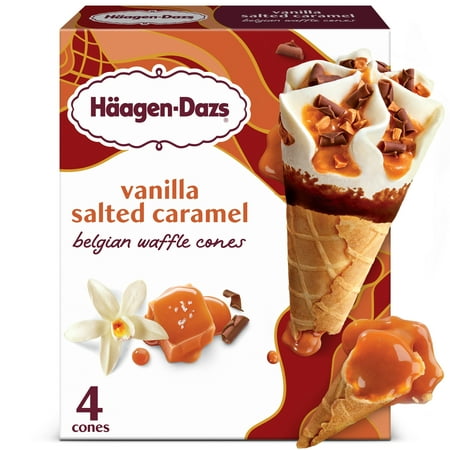 Haagen-Dazs Vanilla Salted Caramel Belgian Waffle Ice Cream Cone, 4 Count
